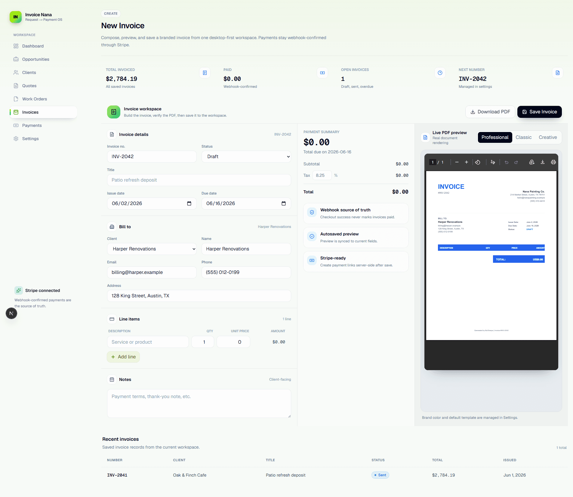 Invoice Nana dashboard showing receipt capture, estimates, and reconciliation for a trades contractor